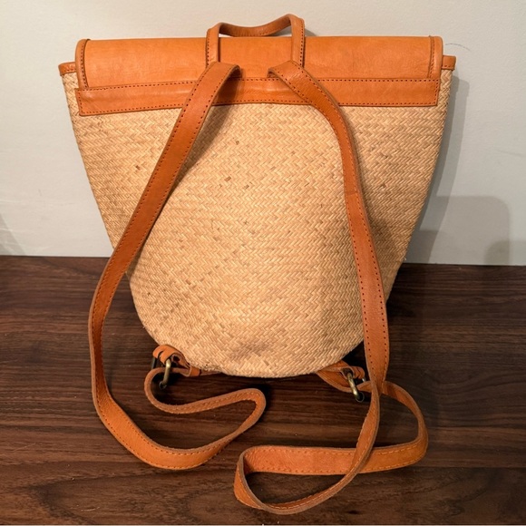Street Level Shoulder Bag Backpack Raffia Tan Genuine Leather Boho Beach - Picture 6 of 15